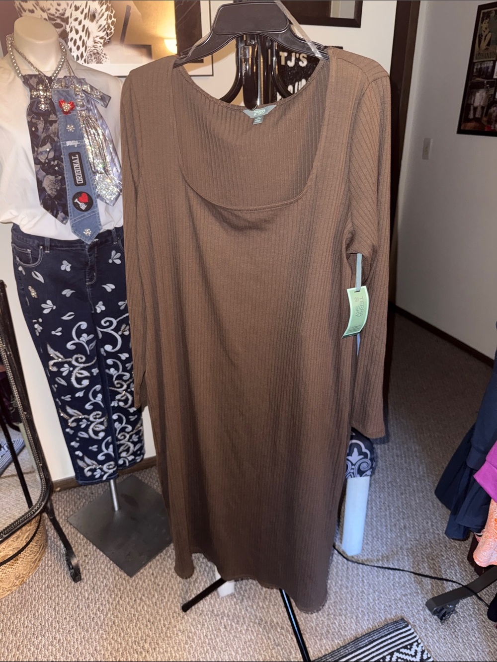 Terra & Sky Ribbed Long-Sleeve Maxi Dress in Brown